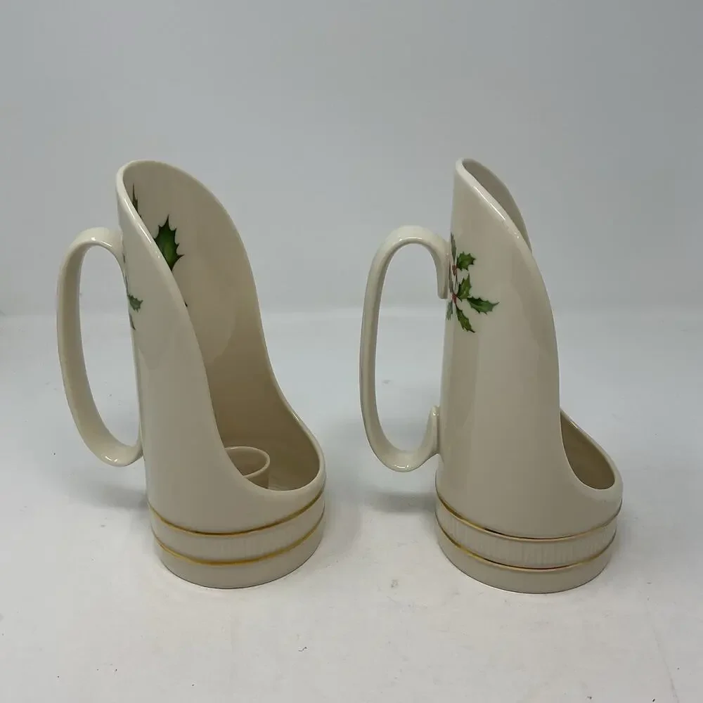 Lenox Holiday Dimension Set Of 2 Handled Candleholder Christmas Holly Berries